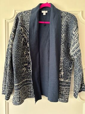 J. Jill Navy and Cream Textured Open-Front Cardigan
